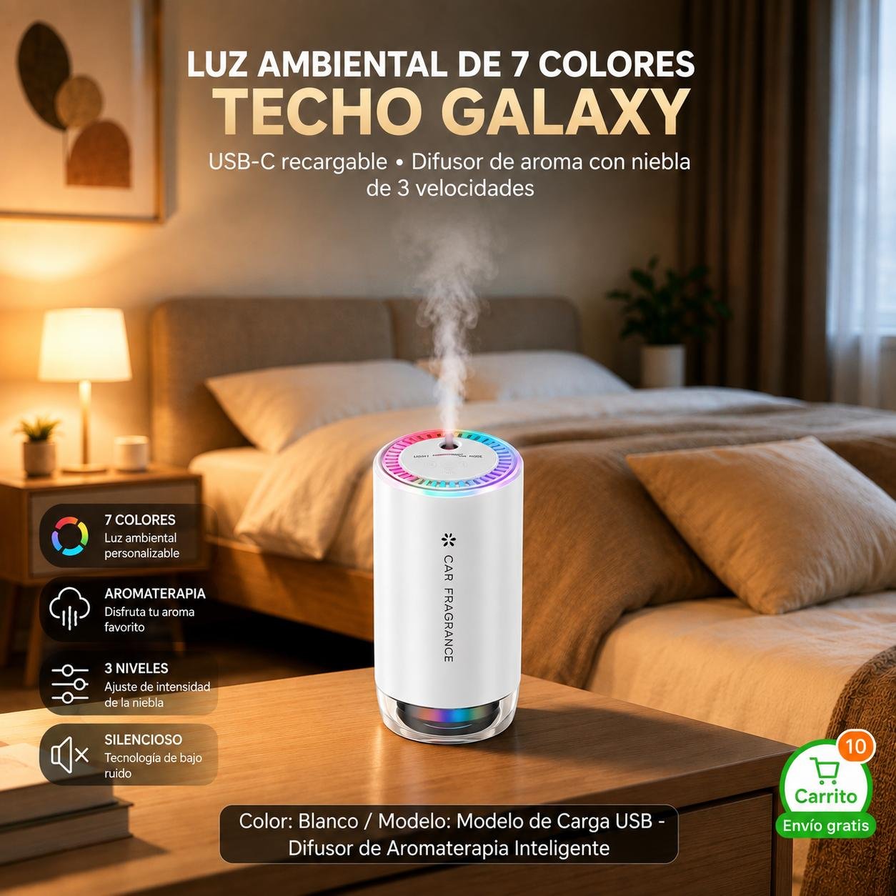 Aromatizador Difusor inteligente, ambientador de coche con luz ambiental.