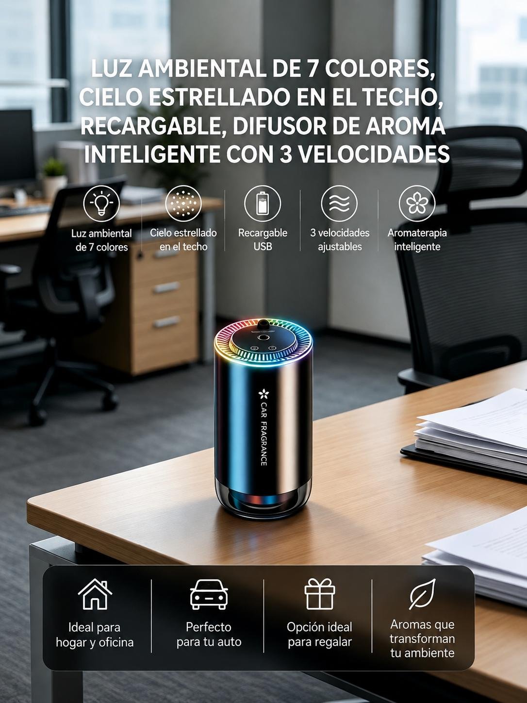 Aromatizador Difusor inteligente, ambientador de coche con luz ambiental.