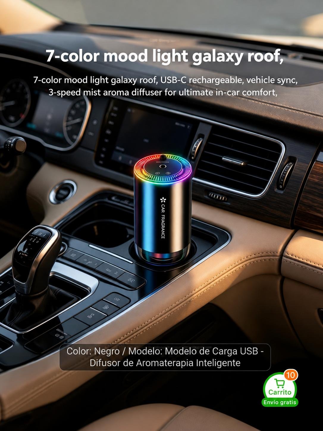 Aromatizador Difusor inteligente, ambientador de coche con luz ambiental.